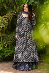 Grey and Black Muslin Printed Flared Anarkali Kurti Set