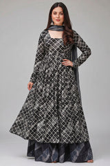 Grey and Black Muslin Printed Flared Anarkali Kurti Set - red muslin saree