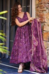 Purple Muslin Printed Flared Anarkali Kurti Set