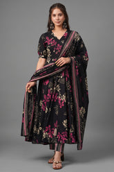 Black Muslin Printed Flared Anarkali Kurti Set - red muslin saree