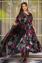 Black Muslin Printed Flared Anarkali Kurti Set