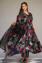 Black Muslin Printed Flared Anarkali Kurti Set