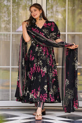Black Muslin Printed Flared Anarkali Kurti Set - red muslin saree