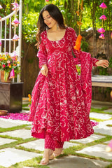 Dark Pink Muslin Printed Flared Anarkali Kurti Set