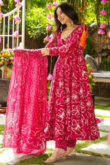 Dark Pink Muslin Printed Flared Anarkali Kurti Set
