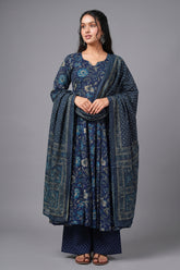Navy Blue Muslin Printed Flared Anarkali Kurti Set - red muslin saree