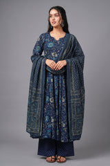 Navy Blue Muslin Printed Flared Anarkali Kurti Set - red muslin saree