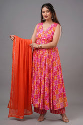 Orange Pink Muslin Printed Flared Anarkali Kurti Set - red muslin saree