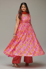 Orange Pink Muslin Printed Flared Anarkali Kurti Set