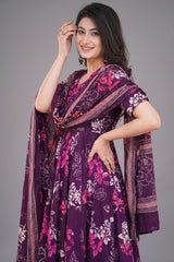Dark Purple Muslin Printed Flared Anarkali Kurti Set - red muslin saree