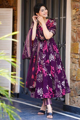 Dark Purple Muslin Printed Flared Anarkali Kurti Set