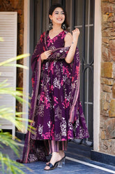 Dark Purple Muslin Printed Flared Anarkali Kurti Set - red muslin saree