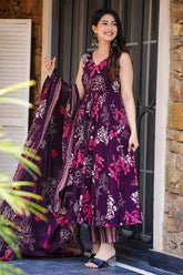 Dark Purple Muslin Printed Flared Anarkali Kurti Set