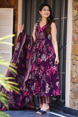 Dark Purple Muslin Printed Flared Anarkali Kurti Set