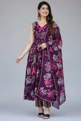 Dark Purple Muslin Printed Flared Anarkali Kurti Set