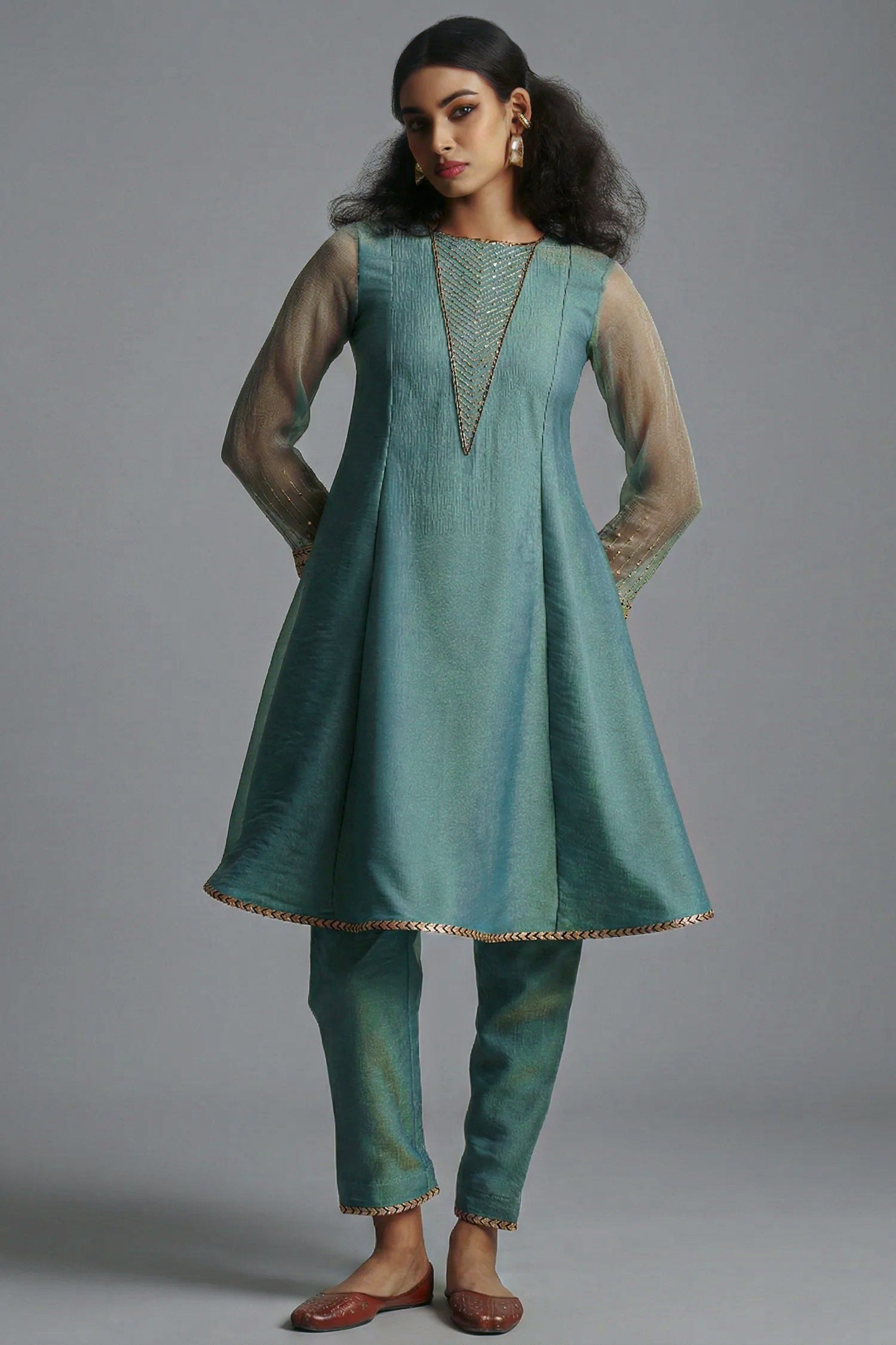 Sea Green Tissue Sequinned Kurti with Pant - Front View