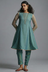 Sea Green Tissue Sequinned Kurti with Pant - Front View