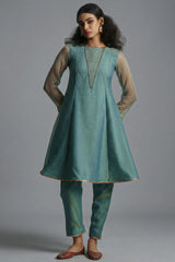 Sea Green Tissue Sequinned Kurti with Pant - Front View