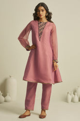 Designer Rosewood Pink Tissue Sequinned Kurti with Pant for grand celebratory events