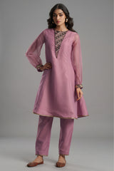 Rosewood Pink Tissue Sequinned Kurti with Pant - Front View