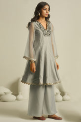 Designer Dove Grey Tissue Sequinned Kurti with Bottom for elegant evening events