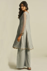 Dove Grey Tissue Sequinned Kurti with Bottom - grey saree