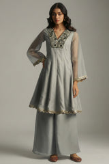 Dove Grey Tissue Sequinned Kurti with Bottom