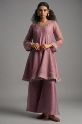 Deep Pastel Pink Tissue Sequinned Kurti with Bottom - Front View