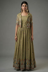 Light Olive Green Long Kurti in Art Silk with Embroidered Jacket