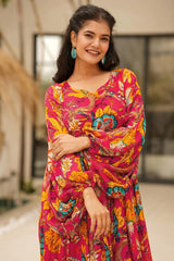 Magenta Pink Chinon Floral Printed Kurti