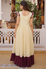 Cream and Wine Embellished Dress