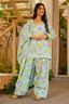 Mint Blue and Violet Floral Printed Cotton Kurti Set