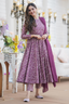 Purple & White Geometric Printed Cotton Silk Flared Kurti Set