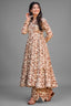 Mocha Brown & Ivory Abstract Swirl Printed Cotton Silk Flared Kurti with Bottom