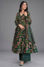 Forest Green Floral V-Neck Cotton Silk Flared Kurti Set