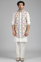 Pearl White Silk Floral Embroidered Jacket Kurta Set
