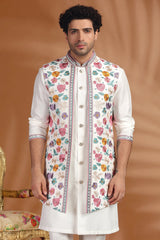 Pearl White Silk Floral Embroidered Jacket Kurta Set