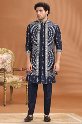 Blue Silk Embroidered Jacket Kurta Set