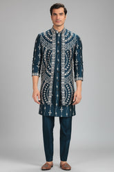 Rama Blue Silk Embroidered Jacket Kurta Set