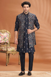 Navy Blue Silk Embroidered and Sequin Worked Jacket Indo Western Set