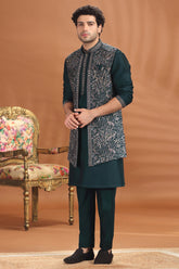 Bottle Green Silk Embroidered Kurta Pajama with Jacket