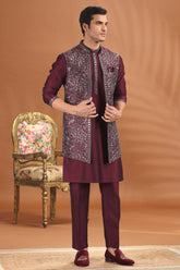 Maroon Silk Embroidered Kurta Pajama with Jacket