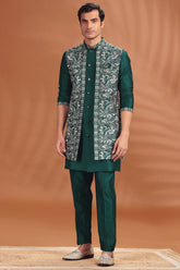 Bottle Green Silk Embroidered Kurta Pajama with Jacket