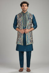 Teal Blue Pink Silk Mirror Embroidered Kurta Pajama with Paisley Print Jacket
