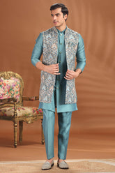 Firozi Blue Silk Printed Jacket Indo Western Set