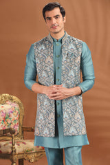 Firozi Blue Silk Printed Jacket Indo Western Set