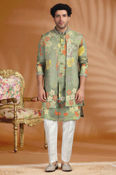 Mehendi Green Silk Floral Printed Jacket Kurta Set