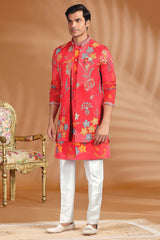 Red Silk Floral Printed Jacket Kurta Set