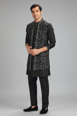 Black Silk Embroidery and Mirror Worked Jacket Kurta Set