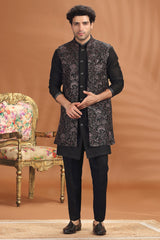 Black Silk Embroidery and Sequin Worked Jacket Kurta Set